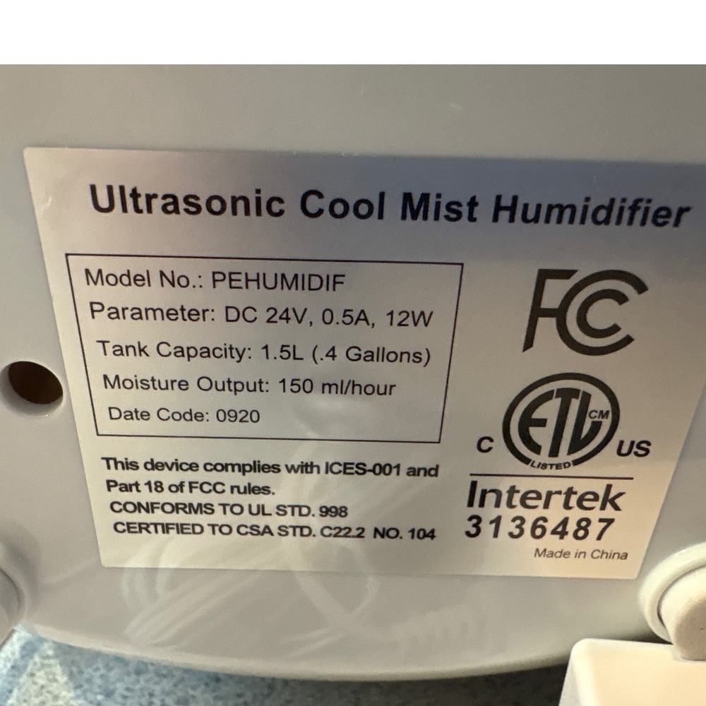 Pure Enrichment Ultrasonic Cool Mist Sleep Humidifier PEHUMIDIF 1.5L Tank - Picture 3 of 6